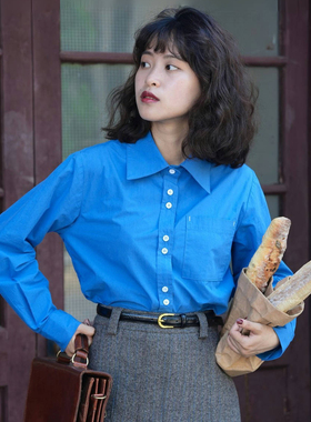 好在 miu系女孩 小个子复古通勤长袖法式克莱因蓝撞色双纽扣衬衫