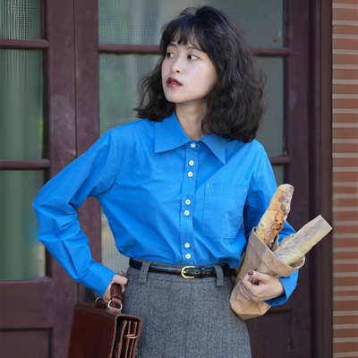 好在 miu系女孩 小个子复古通勤长袖法式克莱因蓝撞色双纽扣衬衫