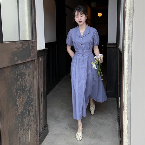 好在 上新9折+立减到手198 小燕子领短袖亚麻收腰系带蓝紫连衣裙