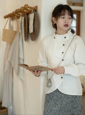 好在自制 巴黎公寓 小个子维多利亚木耳边不规则纯棉白色排扣衬衫