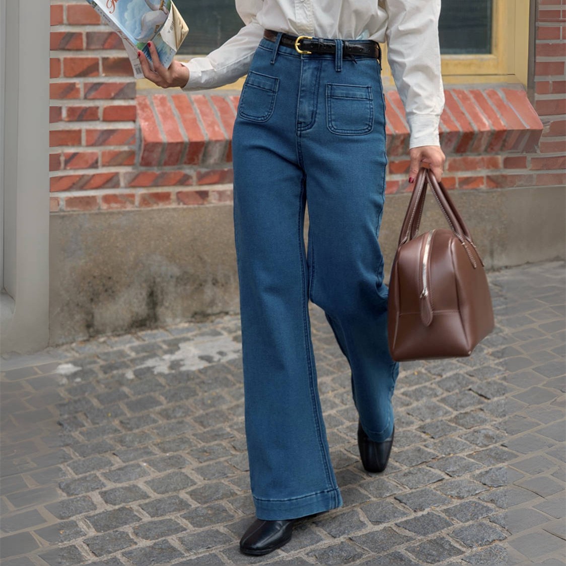 好在 万向弹超模裤 小个子法式高腰显瘦双口袋微喇阔牛仔裤春2025