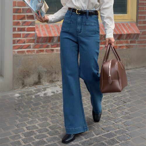 好在 万向弹超模裤 小个子法式高腰显瘦双口袋微喇阔牛仔裤春2025