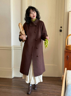 好在 珍妮女士 小个子法式骆驼绒双面呢乌木棕vintage古董大衣冬