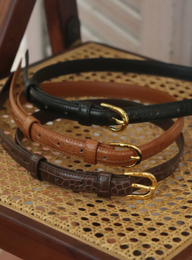 好在  小个子加小版  秋冬复古百搭鳄鱼皮纹金色马鞍金扣细腰带