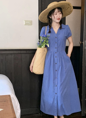 好在 巴勒莫诗人 小个子法式复古布鲁士蓝V领衬衫连衣裙夏季新款