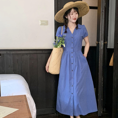 法式复古布鲁士蓝V领衬衫连衣裙