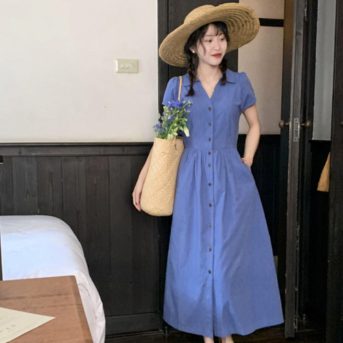 法式复古布鲁士蓝V领衬衫连衣裙