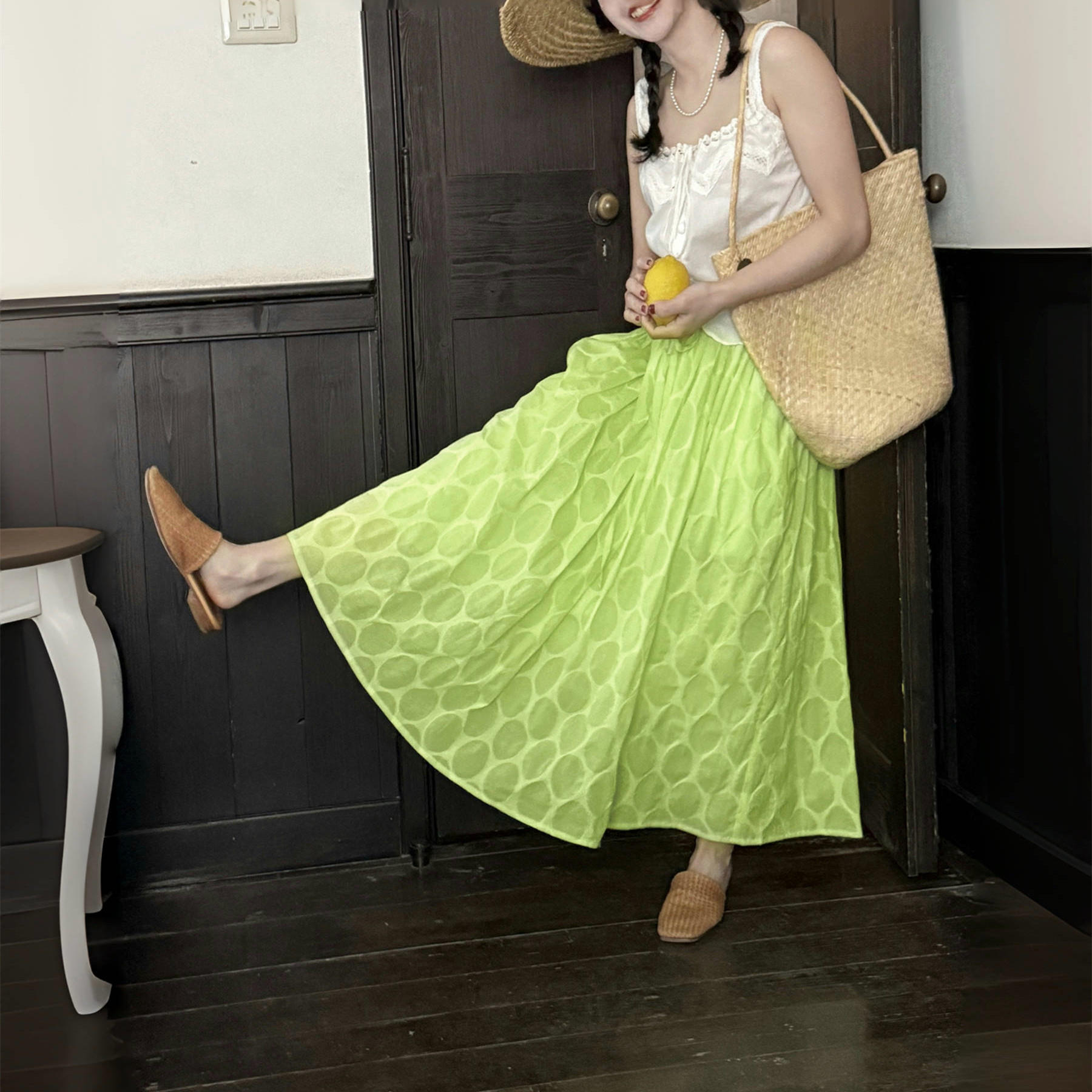 好在自制 蜜瓜汽水 小个子150视觉降温青提纯棉盐缩波点半身裙夏