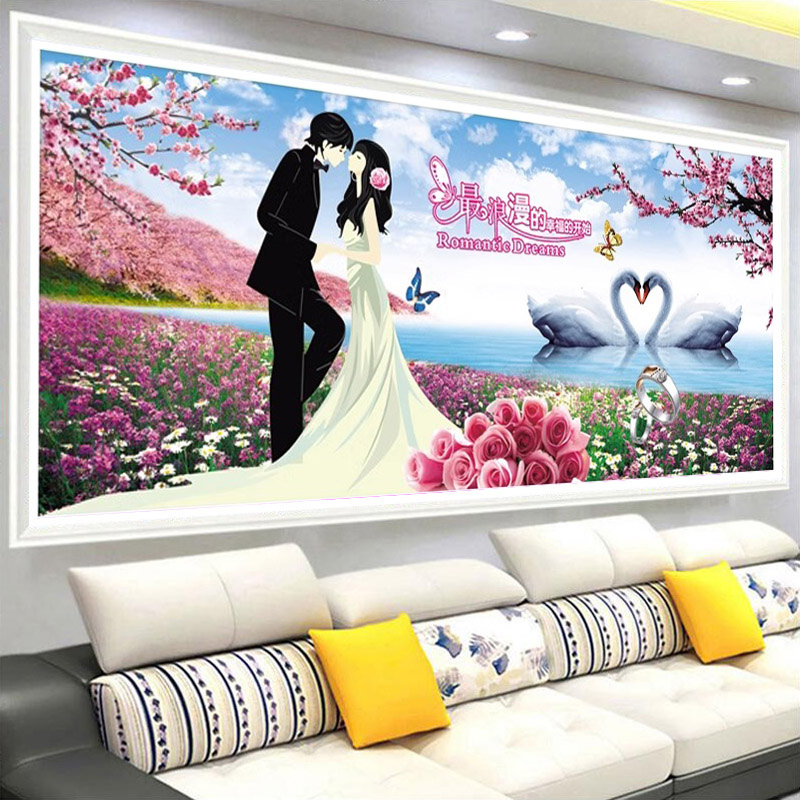 百年好合印花十字繡2025新款客廳線繡情侶天鵝臥室結(jié)婚手工自己繡