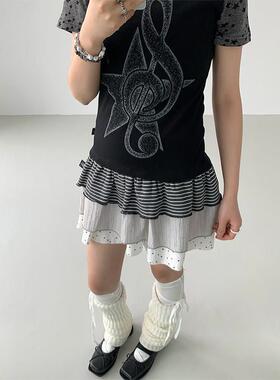 atrandom 三重奏波点条纹半身裙女夏季A字拼接褶皱蛋糕裙