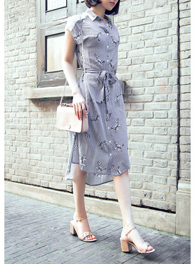 Mars Studio 减龄! 竖条纹狗狗图案桑蚕丝印花系带收腰衬衫连衣裙