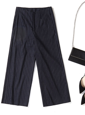 Mars Studio 舒适亚麻 显瘦百搭 牙签细条纹藏青色通勤九分阔腿裤
