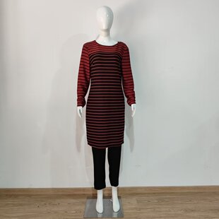 外贸剪标春秋中年女士长袖连衣裙色织条纹修身微弹大码中长款裙子