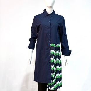 翻领修身 拼接印花连衣裙中长款 气质裙 款 外贸英尾货春秋女士衬衫