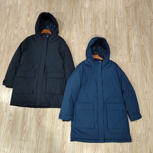 外贸美单冬季女士多袋中长款羽绒服连帽大码收身加厚保暖羽绒风衣