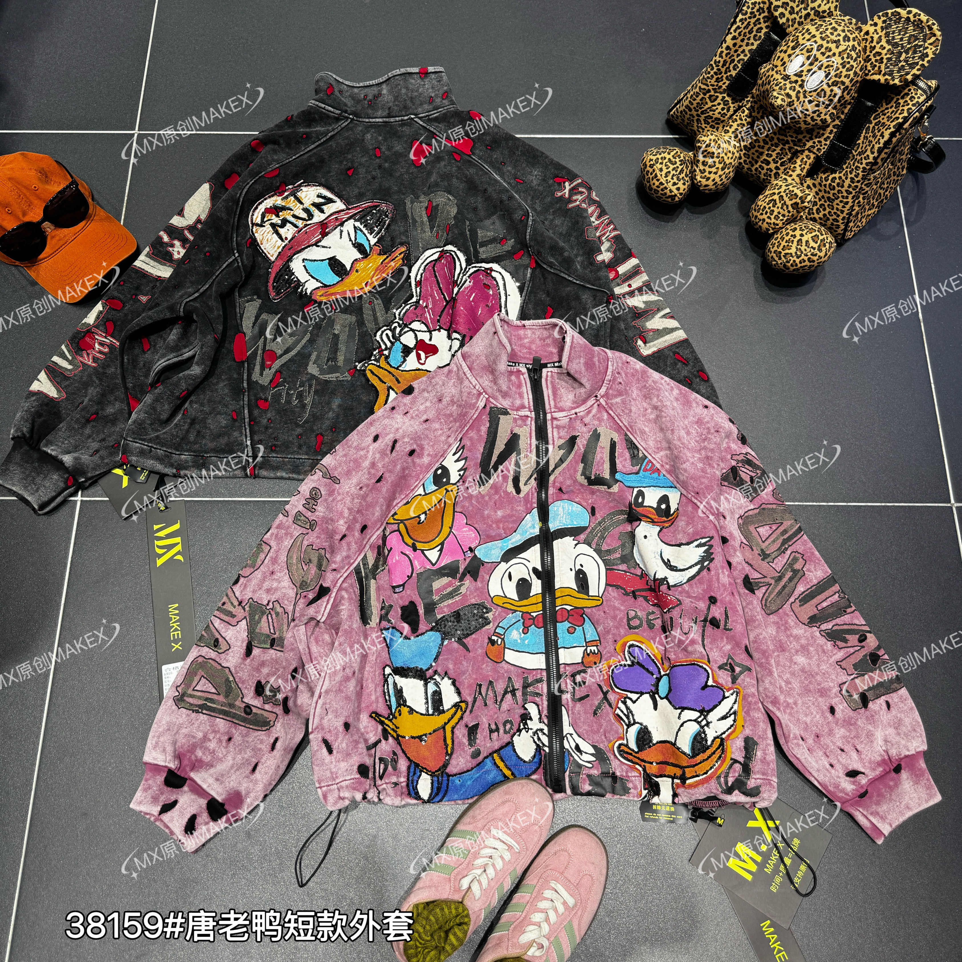 MX欧货潮牌重工拉链水洗薄款欧美风米奇短外套落肩袖韩版上衣