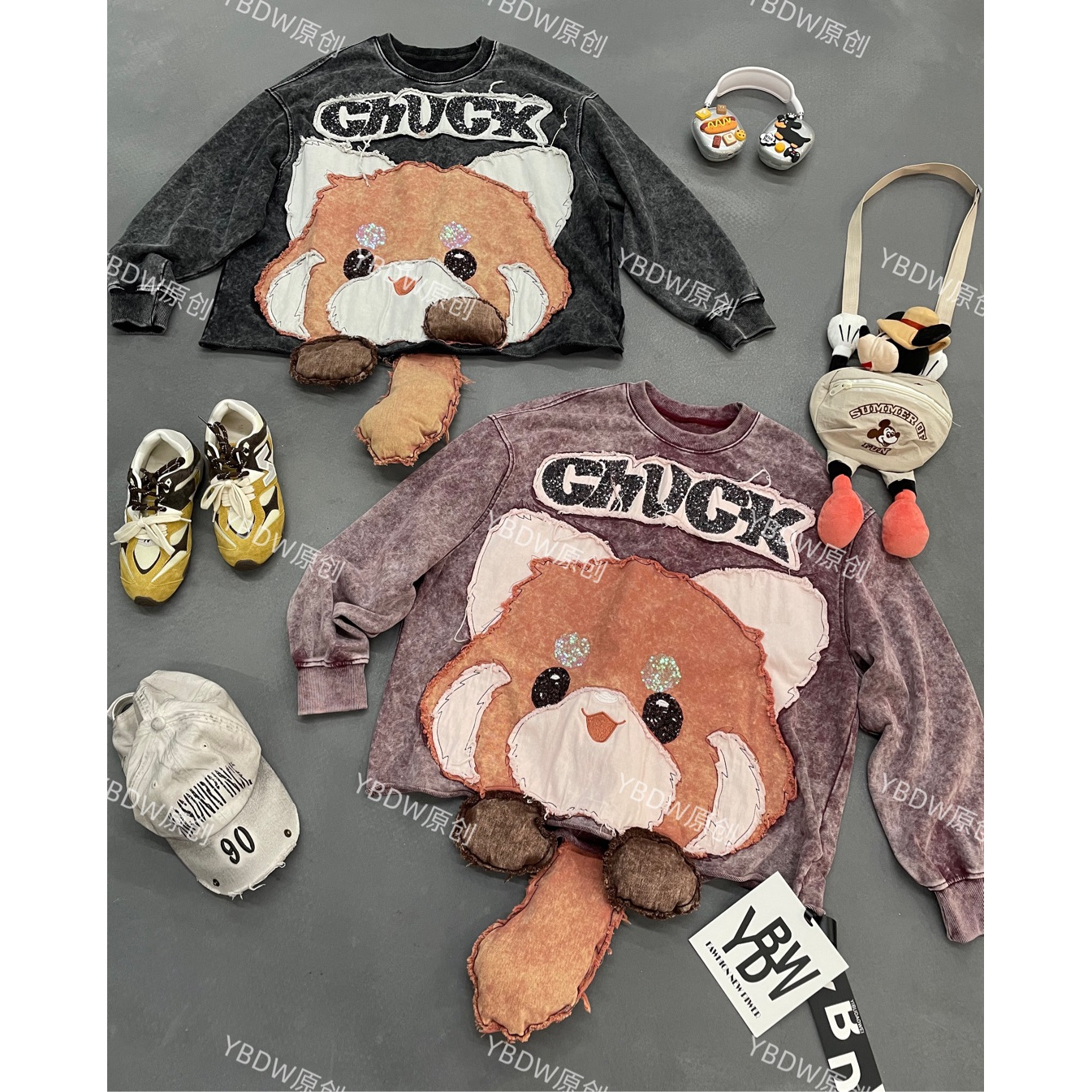 YBDW欧货潮牌重工卡通松鼠贴布卫衣女宽松减龄休闲百搭上衣