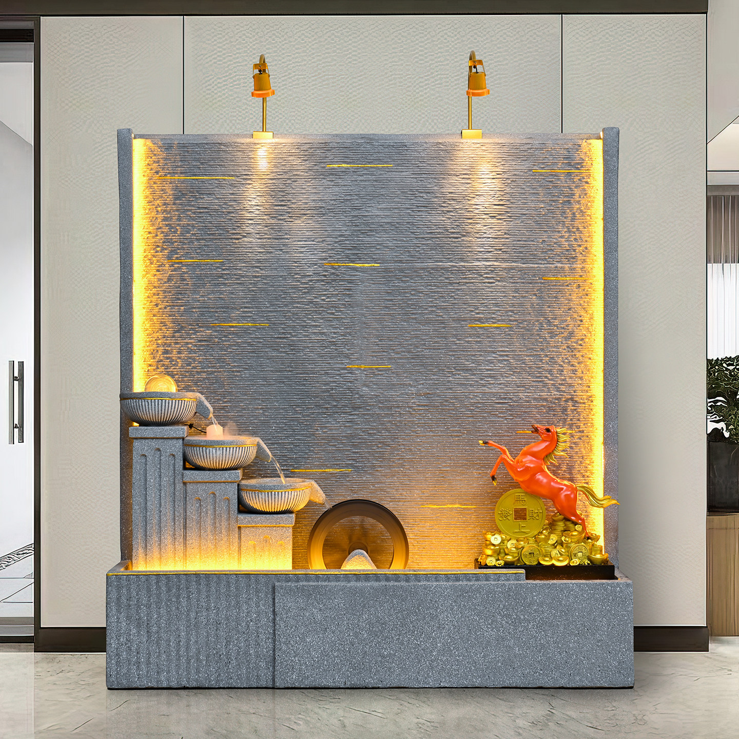 马年简约水幕墙流水摆件酒店前台落地流水墙户外庭院招财鱼缸造景