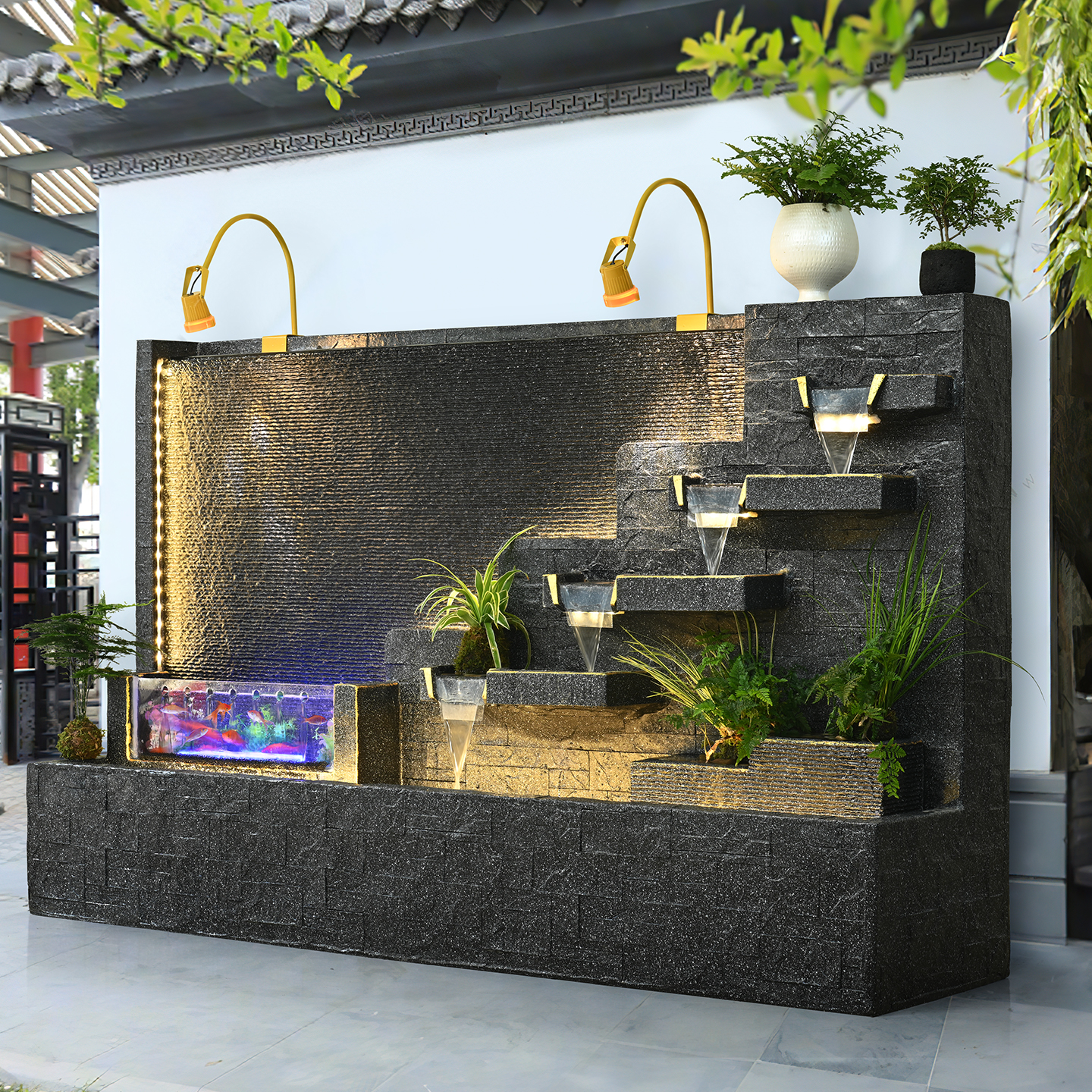 简约水幕墙流水摆件酒店前台落地流水墙隔断户外庭院招财鱼缸造景