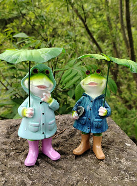 创意雨衣青蛙撑荷叶树脂工艺品摆件户外庭院花园装饰品