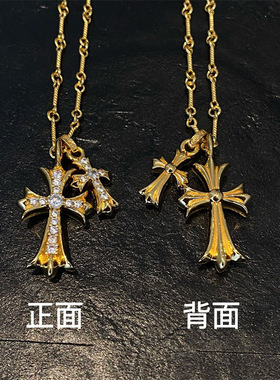 s925纯银镀金复古ch克罗伈双十字架镶石项链男女情侣明星网红同款