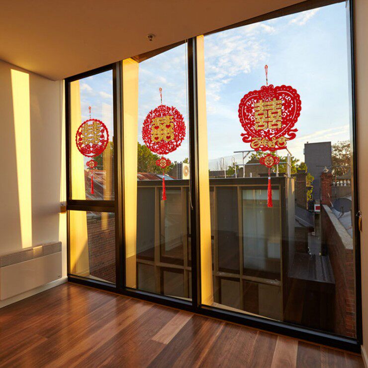 结婚喜字挂件植绒布拉花婚房布置无纺布金色喜字贴婚庆装饰用品