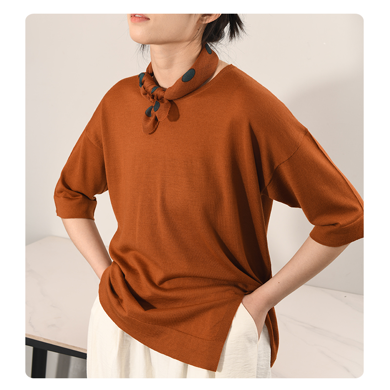 春夏新定制纱线精纺羊绒针织纯色百搭藏蓝色半袖T恤