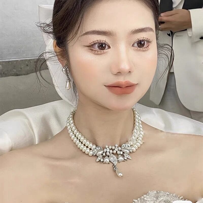 韩式新娘项链二件套饰品水钻新娘结婚耳环婚纱配饰结婚套链珍珠