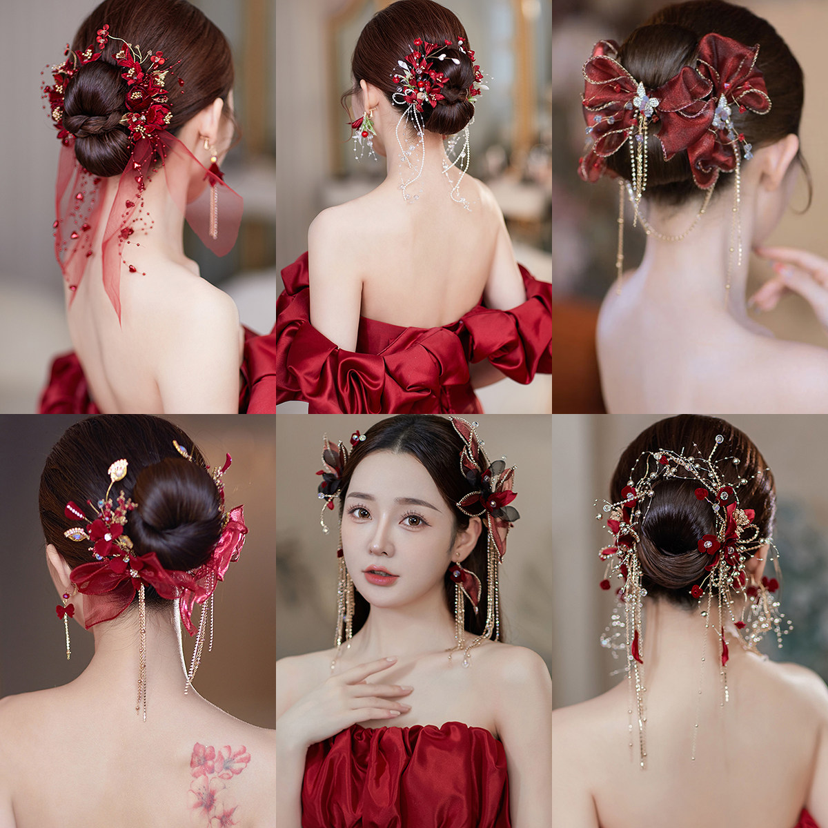 新娘结婚头饰酒红色花朵对夹