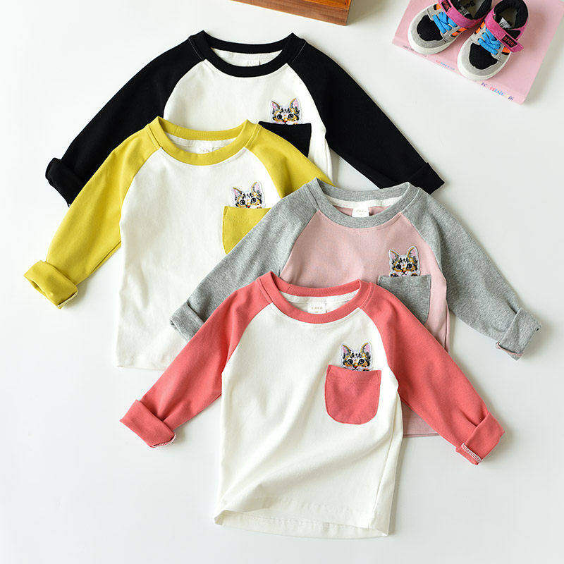 特 儿童纯棉长袖T恤 猫咪口袋打底衫 男童女童撞色插肩袖 秋装