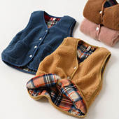 儿童保暖马夹 纯棉格子仿羊羔绒马甲 中大童 两面穿 特
