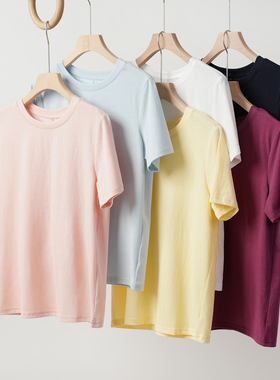 25281 清新糖果色 女士雪花棉短袖 薄款后中缝T恤衫 纯色上衣夏款