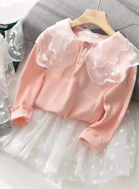 83018 特 儿童网纱娃娃领打底衫 女童纯棉长袖T恤 中大童 春秋款