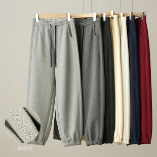 女装 490g 秋冬款 加厚保暖运动卫裤 女士刷毛一体加绒收口长裤