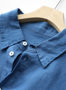 89182 水洗全亚麻 女士宽松衬衣 翻领纯色天空蓝衬衫 宽松外套