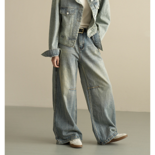 秋款 170身高以上 棉质阔腿裤 拖地裤 女士高腰直筒做旧牛仔裤