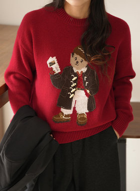 88175 双股26支纱女士全羊毛毛衣 圆领卡通小熊减龄针织上衣 冬款