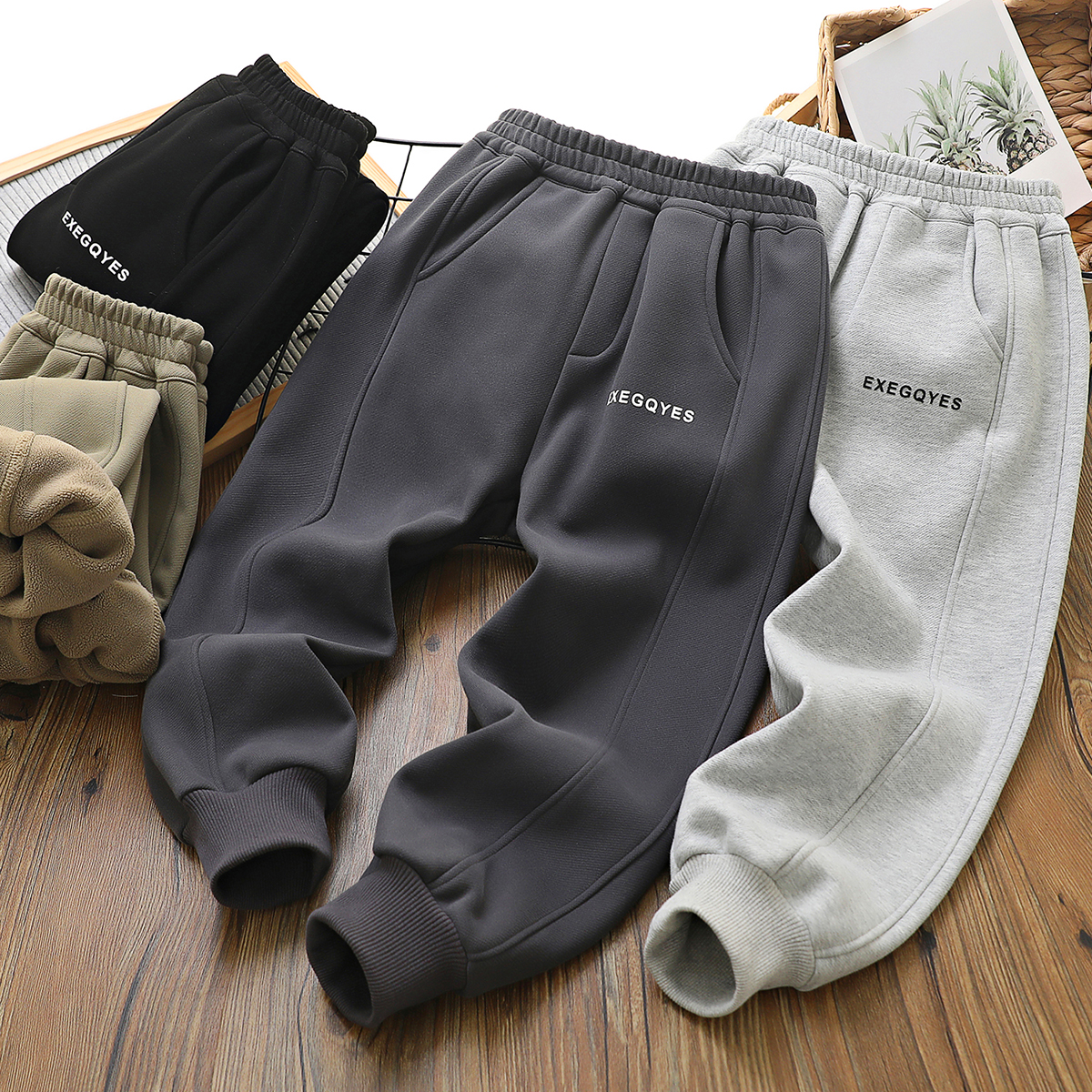 一体绒加绒卫裤儿童运动慢跑裤