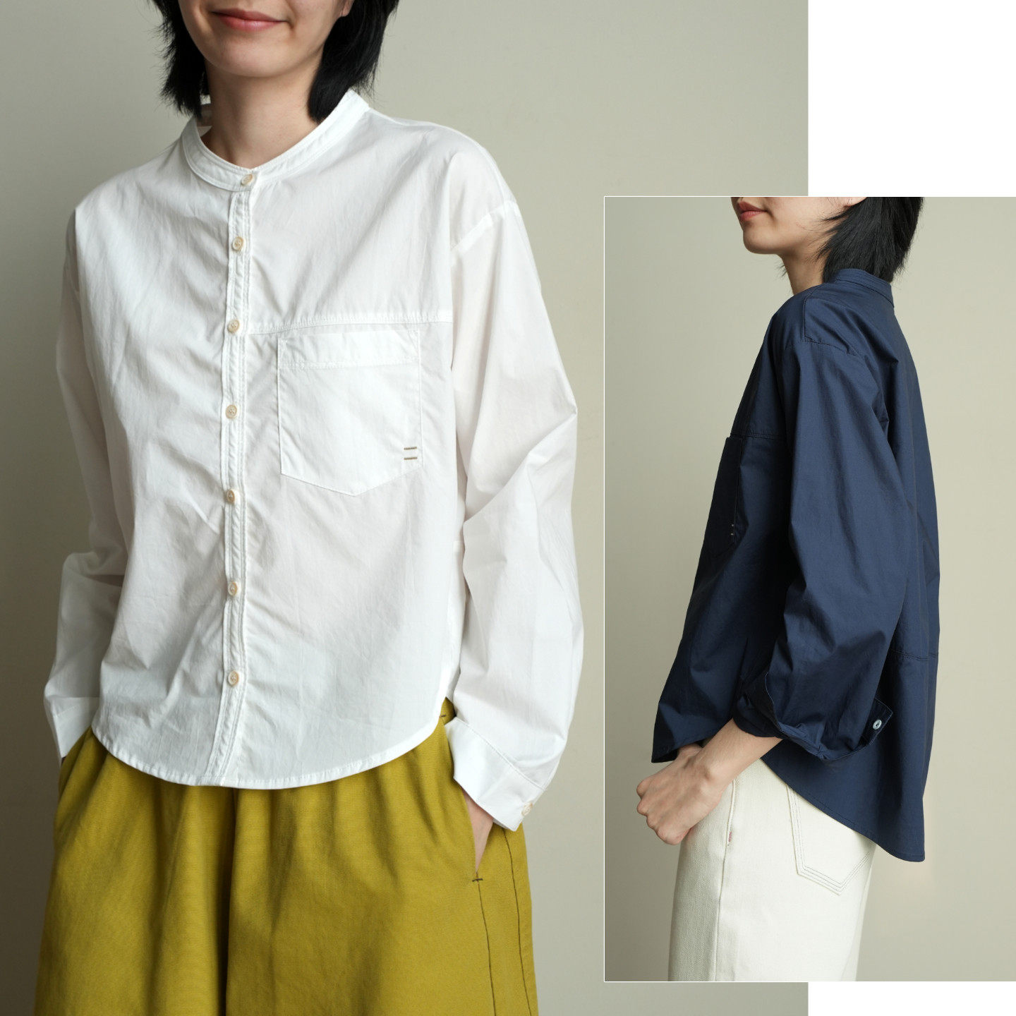 60支纯棉 女士小立领口袋衬衫 长袖宽松圆领衬衣 春款女装K