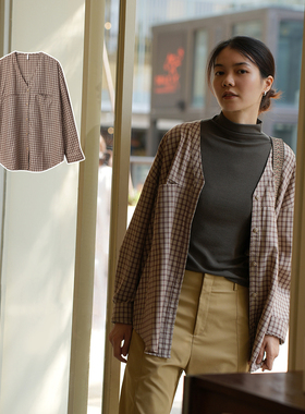23314 女士V领格子衬衫 长袖薄款衬衣 宽松开衫外套 春秋款女装
