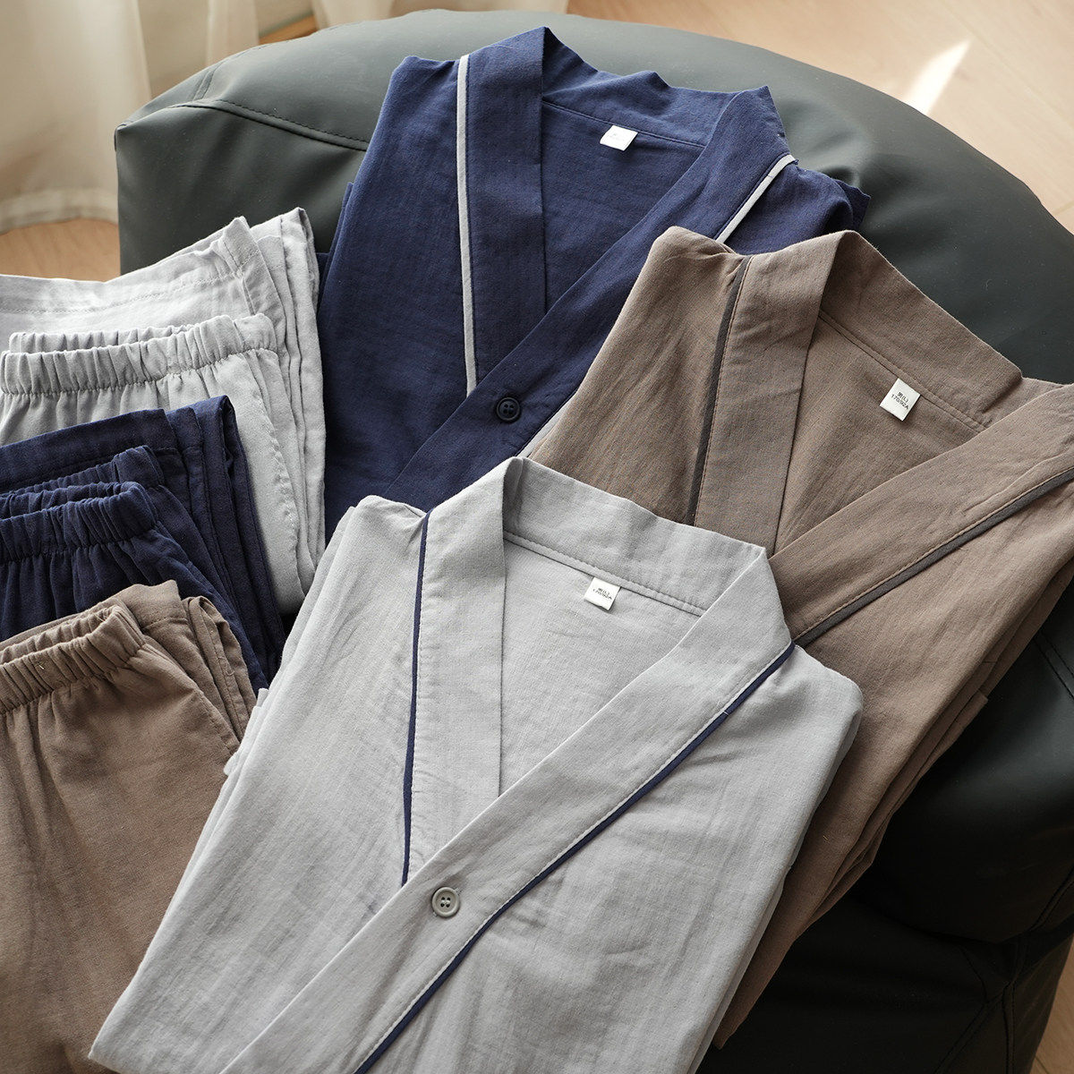 特 男士双层纱布全棉和服套装 纯棉斜襟长袖起居服 睡衣 春秋款