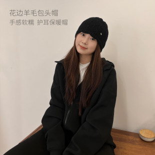 女士花边羊毛包头帽 纯色花边温柔风帽子 百搭保暖护耳 秋冬款