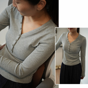 女士V领扣打底衫 女装 长袖 春秋款 T恤纯色上衣 竹节优可丝木纤维