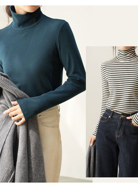 83105 女士双面绒条纹打底衫 高领长袖T恤 保暖上衣 秋冬款