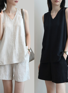 86895 单件拍 莱赛尔 亚麻 女士V领背心 纯色宽松阔腿短裤 夏款