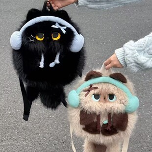 可爱毛绒暹罗猫咪双肩包韩版大容量抽绳闺蜜背包轻便菲佣小书包女