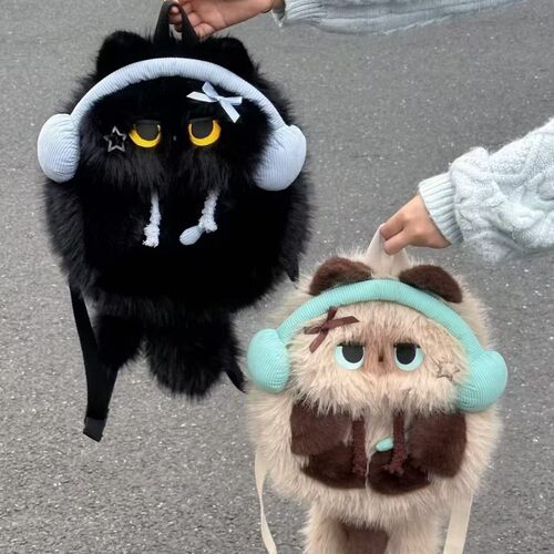 可爱毛绒暹罗猫咪双肩包韩版大容量抽绳闺蜜背包轻便菲佣小书包女