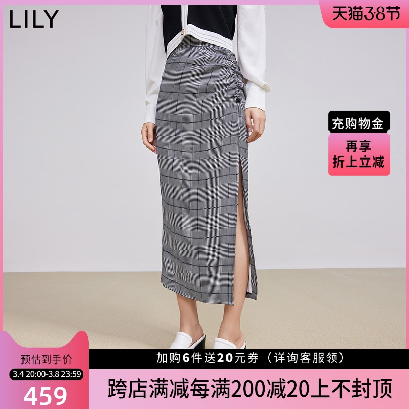 【商场同款】LILY2022春新款女装复古千鸟格高腰抽绳开叉高腰半裙 女装/女士精品 半身裙 原图主图