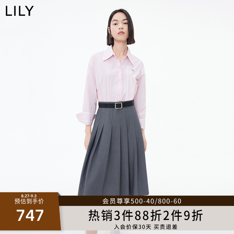 LILY衬衫式假两件休闲简约通勤连衣裙23秋装新款高腰修身气质裙子