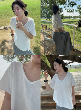 微磨毛竹节纹理面料打底 大版短袖/修身长袖 白色V领T AFM定制